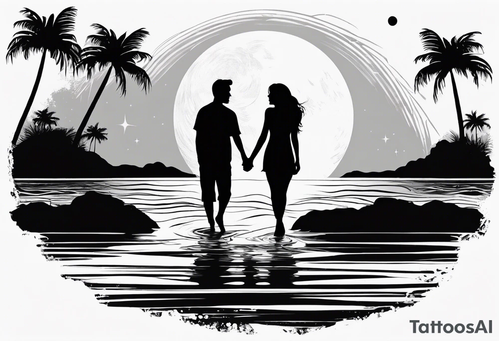silhouette of two people holding hands on beach water with moon and palm trees tattoo idea