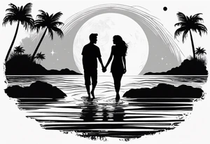 silhouette of two people holding hands on beach water with moon and palm trees tattoo idea