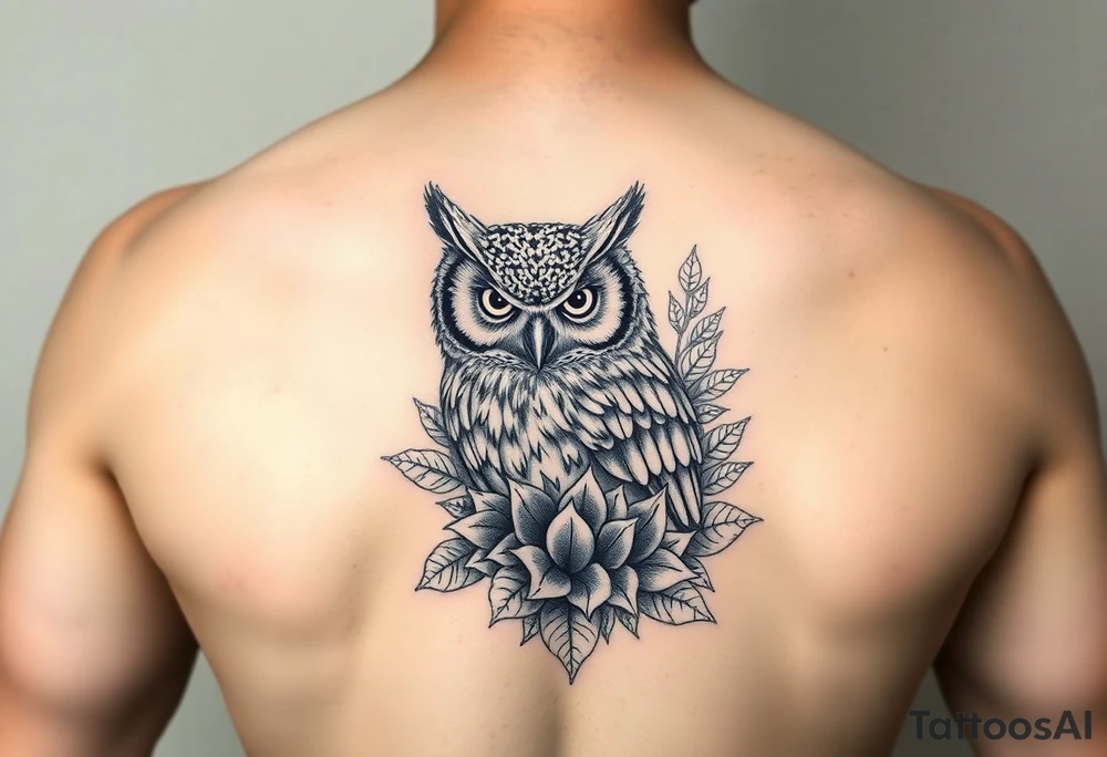 powerful majestic Owl with surrounded by Succulent tattoo idea