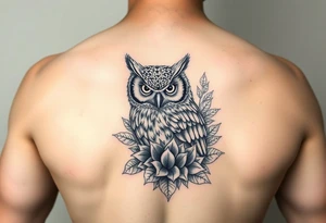 powerful majestic Owl with surrounded by Succulent tattoo idea