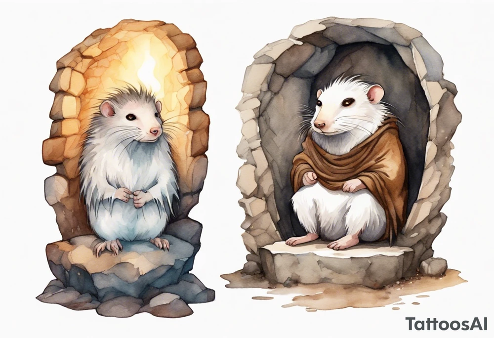 a solitary fat female mole with skin covered in short white fur with brown dreadlocks and big eyes sitting in stone throne in a cave tattoo idea