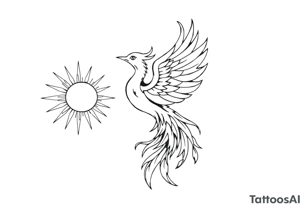 magical phoenix rising from golden flames with trailing embers surrounded by geometric sun and moon tattoo idea