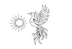 magical phoenix rising from golden flames with trailing embers surrounded by geometric sun and moon tattoo idea