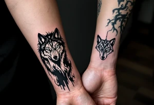 Two matching man and woman tattoos of black and white silhouette wolve on the wrist. tattoo idea