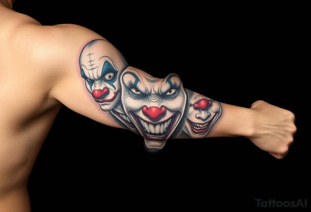 creative collage of different emotional clown faces tattoo idea