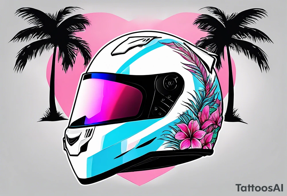 formula 1 helment with a palm tree and black light blue and pink colors tattoo idea