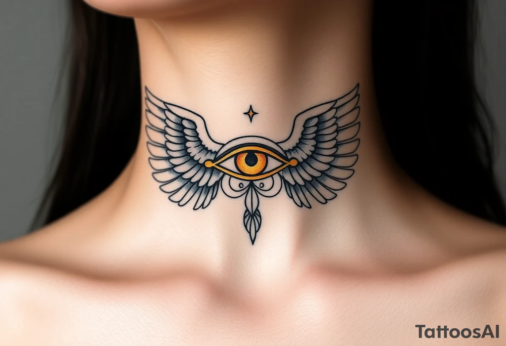 A divine Eye of Horus surrounded by angelic wings, in soft gold and pearl white, symbolizing celestial guidance tattoo idea