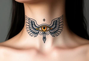 A divine Eye of Horus surrounded by angelic wings, in soft gold and pearl white, symbolizing celestial guidance tattoo idea