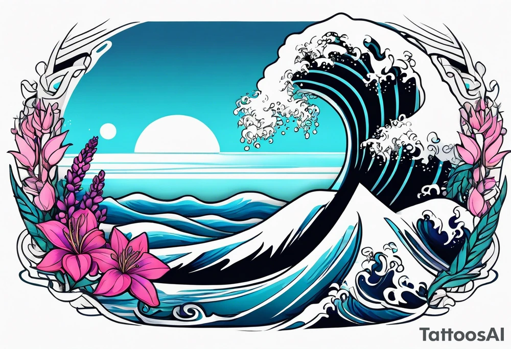 ocean wave surrounded by lupin and fireweed vines tattoo idea