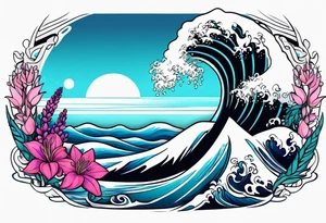 ocean wave surrounded by lupin and fireweed vines tattoo idea