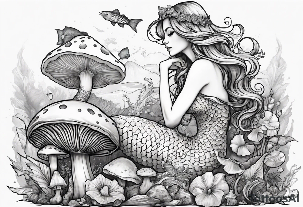 a mermaid sitting over a mushroom looking at a fairy tattoo idea
