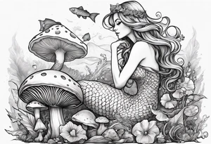 a mermaid sitting over a mushroom looking at a fairy tattoo idea