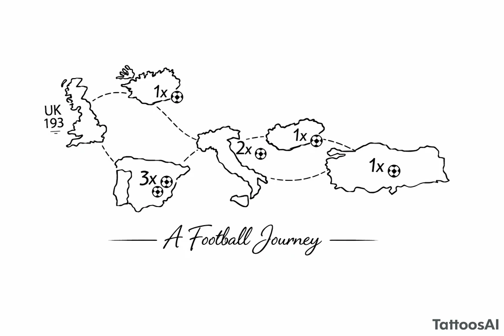 A football journey no crests stars each country on how many times ive played there
A fine-line world map or stylized route connecting Iceland ➔ Italy ➔ Spain ➔ Turkey ➔ Hungary ➔ France, with minimalist markers for each club.
Starting in uk 193 tattoo idea