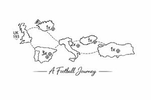 A football journey no crests stars each country on how many times ive played there
A fine-line world map or stylized route connecting Iceland ➔ Italy ➔ Spain ➔ Turkey ➔ Hungary ➔ France, with minimalist markers for each club.
Starting in uk 193 tattoo idea