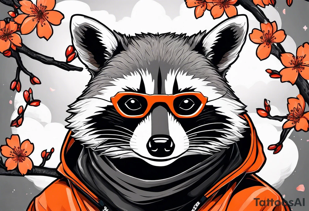 Raccoon wearing a white Superman logo on a black hoodie and orange Japanese cherry blossoms beside tattoo idea