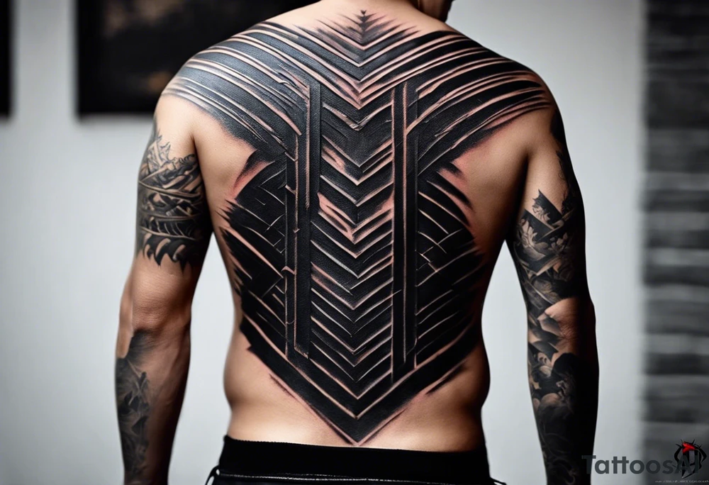 Certainly! Here’s a description for your back tattoo:

---

**Tattoo Description:**

Design: Black work, paint strokes.
Location: Back.
Concept: Dante's Inferno, representing the layers of hell.

**Design Details:**

1. **Vertical Lines:**
   - Two bold, vertical lines run parallel up the spine, symbolizing the journey through the depths of Dante's Inferno.

2. **Horizontal Lines:**
   - Nine horizontal lines intersect the vertical lines, each representing one of the nine circles of hell.
   - The lines descend down the back, each becoming progressively shorter and narrower to signify the decreasing levels of hell's circles.
   - The paint stroke style gives the lines a dynamic, brush-painted appearance, enhancing the dramatic and artistic effect.

3. **Overall Style:**
   - The black work technique ensures a striking contrast, with deep black ink emphasizing the severity and depth of the concept.

Sure, here's a simplified version:

---

**Tattoo Description:**

**Design:** Black work, paint strokes.
**Location:** Back.
**Concept:** Dante's Inferno, layers of hell.

**Details:**

1. **Vertical Lines:**
   - Two parallel lines up the spine.

2. **Horizontal Lines:**
   - Nine perpendicular lines, descending and decreasing in width.

**Style:**
   - Bold black work with paint stroke effects.

---

This version is straightforward and clear.

---

This description provides a clear and detailed vision for your tattoo artist to work from, capturing the essence and symbolism of Dante’s Inferno in a powerful and visually striking way. tattoo idea
