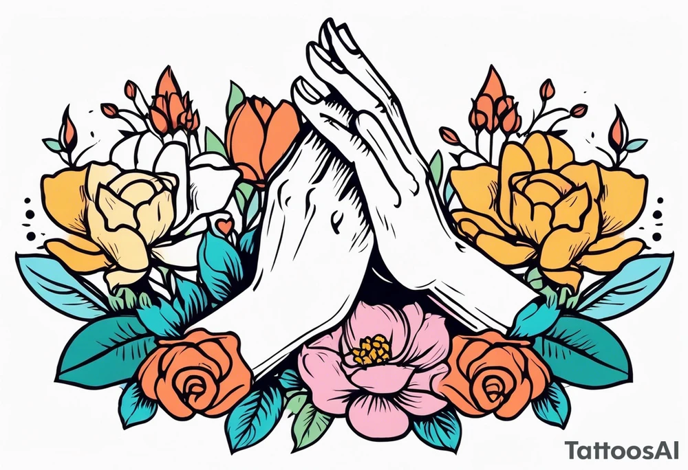 two 
hands praying with flowers simple bold tradional old school style bold colors tattoo idea