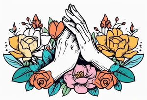 two 
hands praying with flowers simple bold tradional old school style bold colors tattoo idea