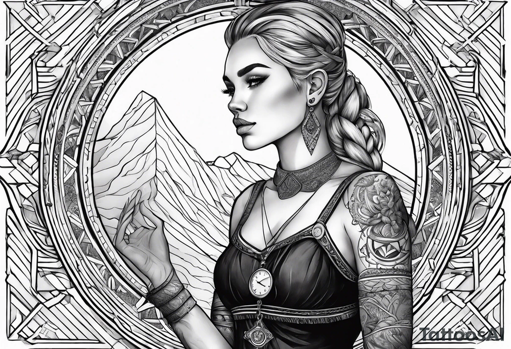 A girl with a viking cloud with a watch i her hand tattoo idea