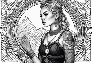 A girl with a viking cloud with a watch i her hand tattoo idea
