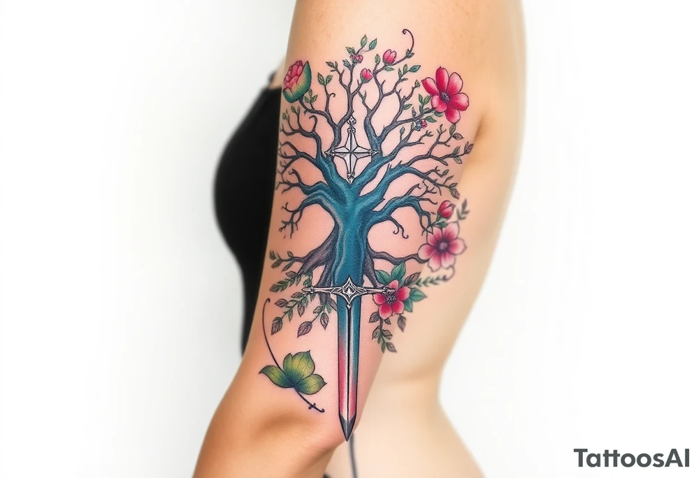 based on the Lord of the rings movies with the tree of Gondor, the Evenstar, the sword Narsil, and flowers tattoo idea
