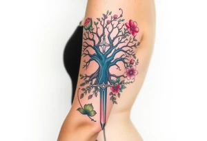 based on the Lord of the rings movies with the tree of Gondor, the Evenstar, the sword Narsil, and flowers tattoo idea