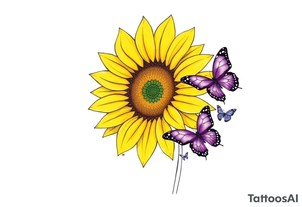 Sunflower with purple butterflies on side tattoo idea