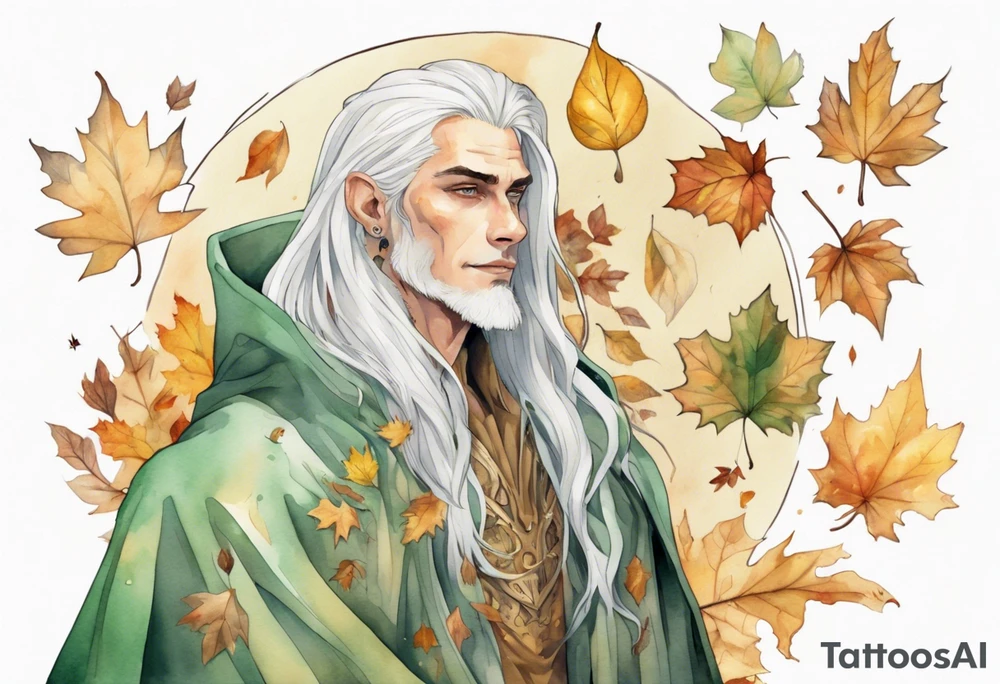 A thin handsome man with pale green skin with long gold and silver hair wearing a gold cloak surrounded by autumn leaves tattoo idea