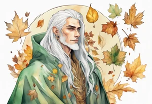 A thin handsome man with pale green skin with long gold and silver hair wearing a gold cloak surrounded by autumn leaves tattoo idea
