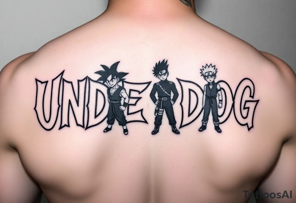 the word underdog in a cool font with 3 anime characters Goku ippo and Naruto one standing in the middle one standing on the right and one standing on the left
 on a shoulder tattoo idea