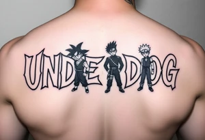 the word underdog in a cool font with 3 anime characters Goku ippo and Naruto one standing in the middle one standing on the right and one standing on the left
 on a shoulder tattoo idea