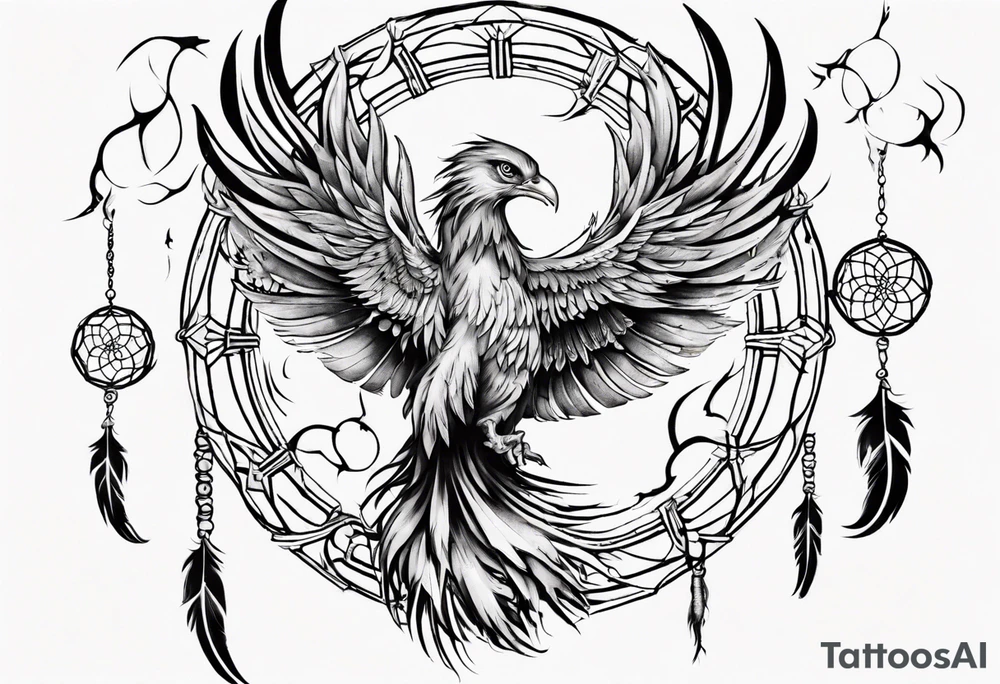 Fire Phoenix flying out of dream catcher tattoo idea