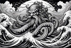 A kraken octopus monster underwater ensnaringthe Greek god Poseidon as he thrust his trident into the beast. Turbulent storm with lightning & waves crashing tattoo idea