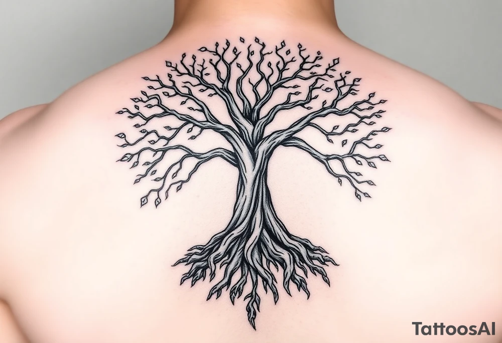 mystical tree of life with cosmic roots and celestial branches tattoo idea