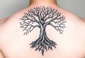 mystical tree of life with cosmic roots and celestial branches tattoo idea