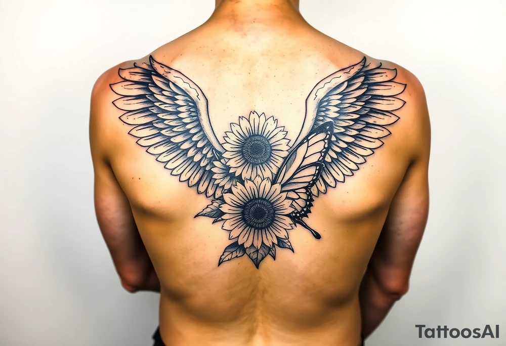 Sleeve with angel wings, sunflower and butterfly tattoo idea tattoo idea