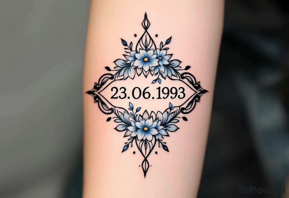 Subtle date 23.03.1993 in fine black linework, wrapped in pastel blue forget-me-nots. tattoo idea