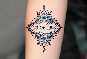 Subtle date 23.03.1993 in fine black linework, wrapped in pastel blue forget-me-nots. tattoo idea