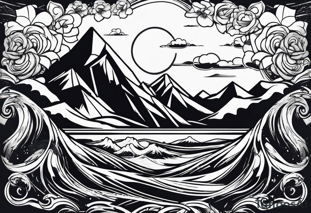 Mountains and ocean waves crashing diamond shape tattoo idea