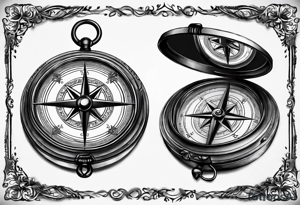 old simple pocket compass opened with both halves showing tattoo idea