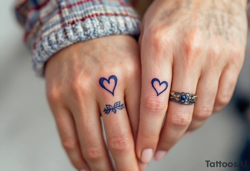 Matching tiny navy-blue heart tattoos on ring fingers of each partner tattoo idea