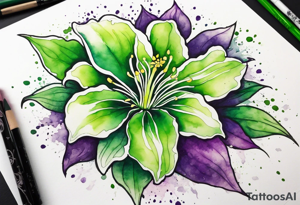 An outline of an only green rio dipladenia flower and a green and purple watercolor splash in the background tattoo idea