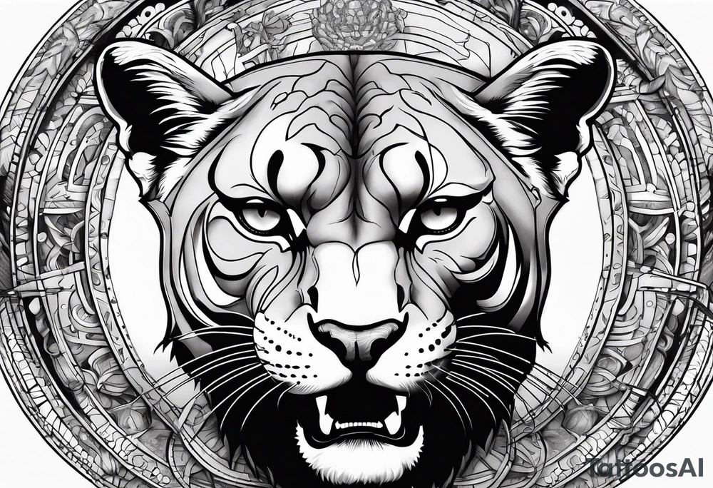 Brain in sagittal section and angry cougar inside hourglass tattoo idea Brain in sagittal section and angry cougar inside hourglass tattoo idea