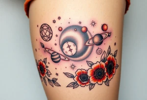 Milky way galaxy .. planets with zodiac symbols and protection runes with red roses and sunflowers tattoo idea