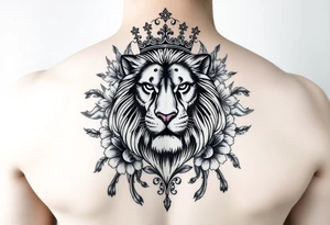 powerful majestic lion with a crown, surrounded by floral ornaments and birds tattoo idea