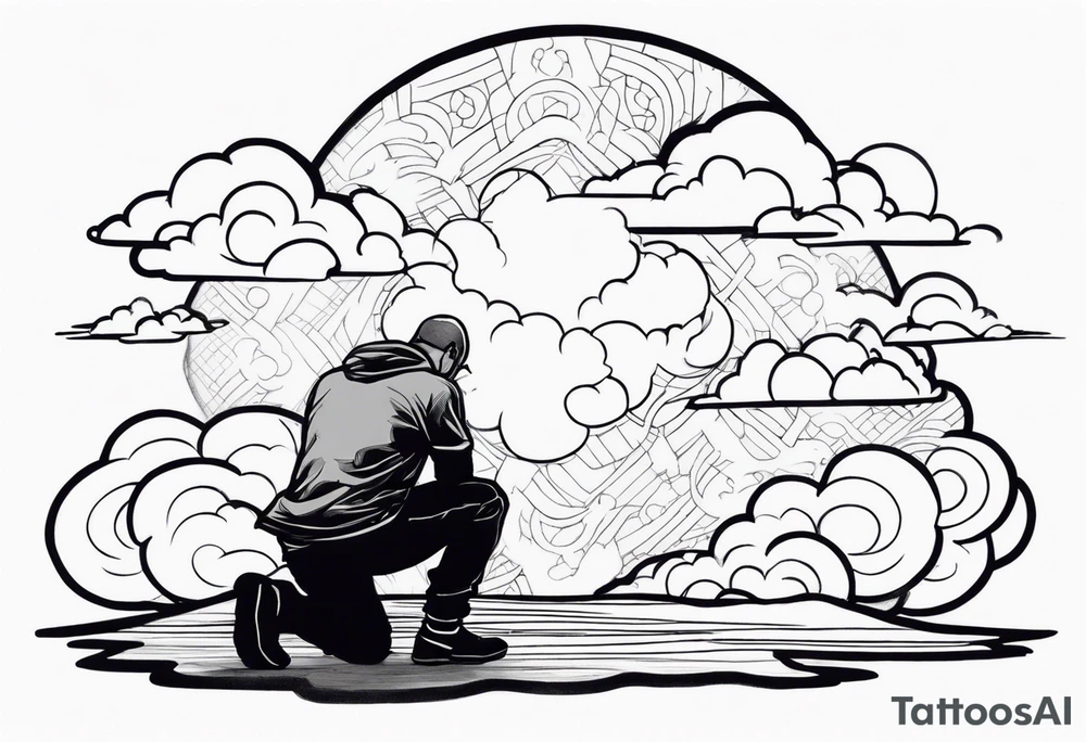 Men kneeling like he went through s bad time and a cloud looking like a debil behind him tattoo idea