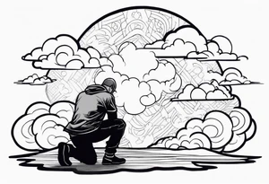 Men kneeling like he went through s bad time and a cloud looking like a debil behind him tattoo idea