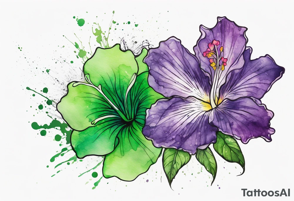 An outline of a green rio dipladenia flower and a green and purple watercolor splash in the background tattoo idea