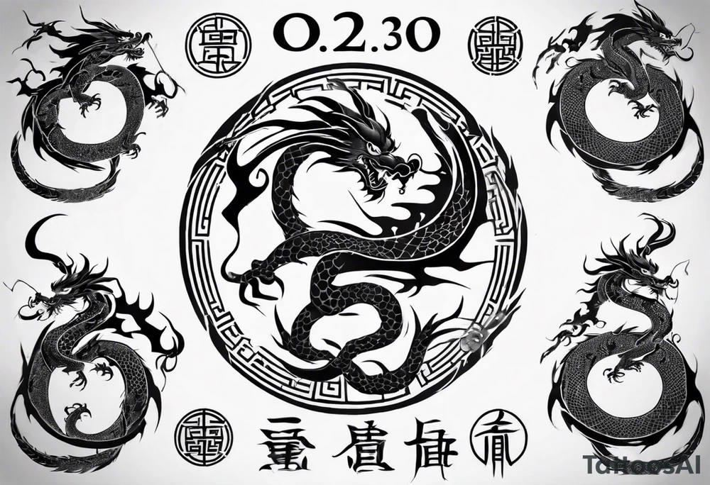Chinese dragon in a circular shape with "02.03" written on it tattoo idea