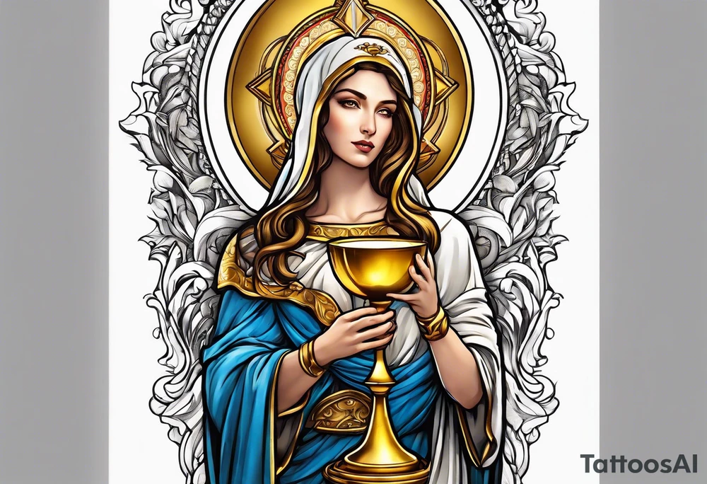 holy saint woman with golden halo holding a chalice tattoo idea